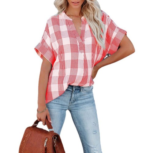 Spring And Summer New Plaid Short-sleeved Shirt Orinting V-neck Loose Casual Top