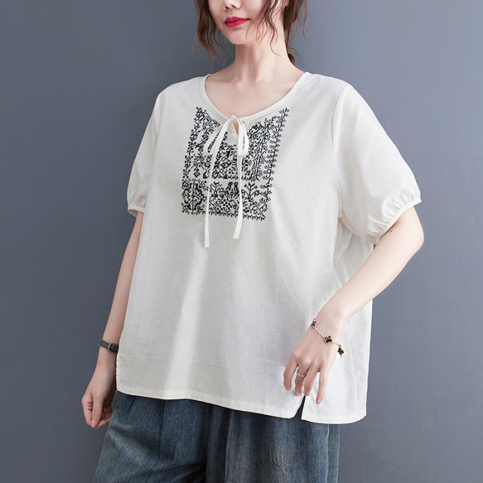Bandage Lace-Up Embroidery Vintage Summer T Shirts Loose Tops Thin Soft Cotton Linen