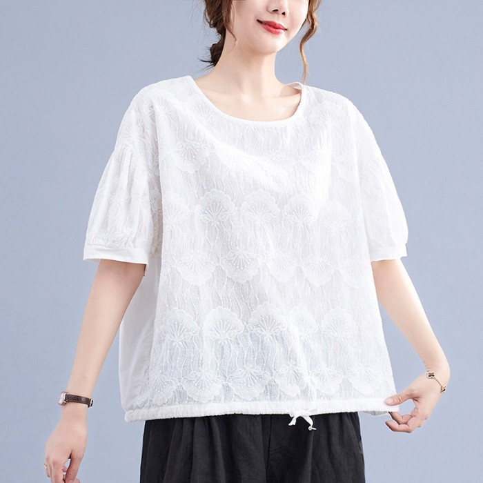 Women Cotton Casual T-shirts New Summer Vintage Style O-neck Solid Color Loose Female Short Sleeve Tops