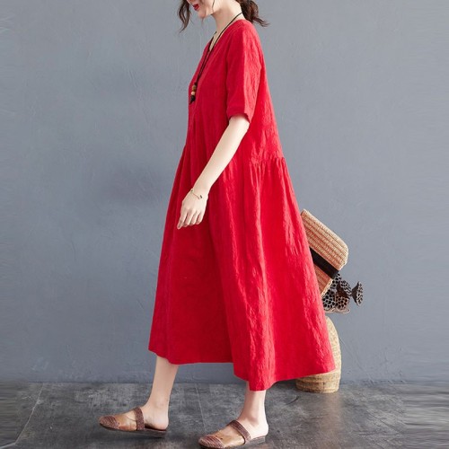 Women's Cotton Linen Casual Simple Style Solid Loose Maxi Dress