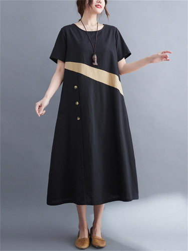 Women Cotton Linen Casual Korean Solid O-Neck Maxi Dress