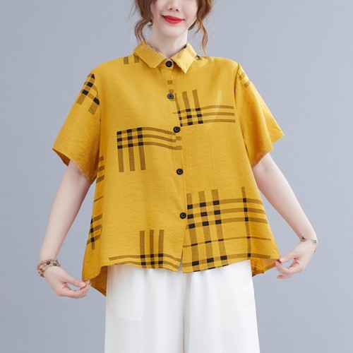 Women Summer Cotton Linen Casual Turn-down Collar Loose T-shirt