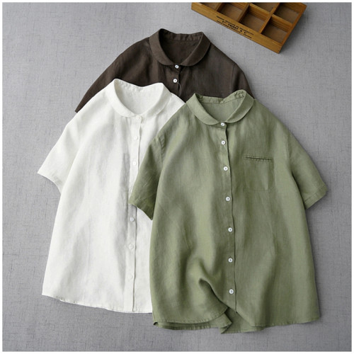 Chic Single Breasted Shirts Women Short Sleeve Loose Tops Vintage
