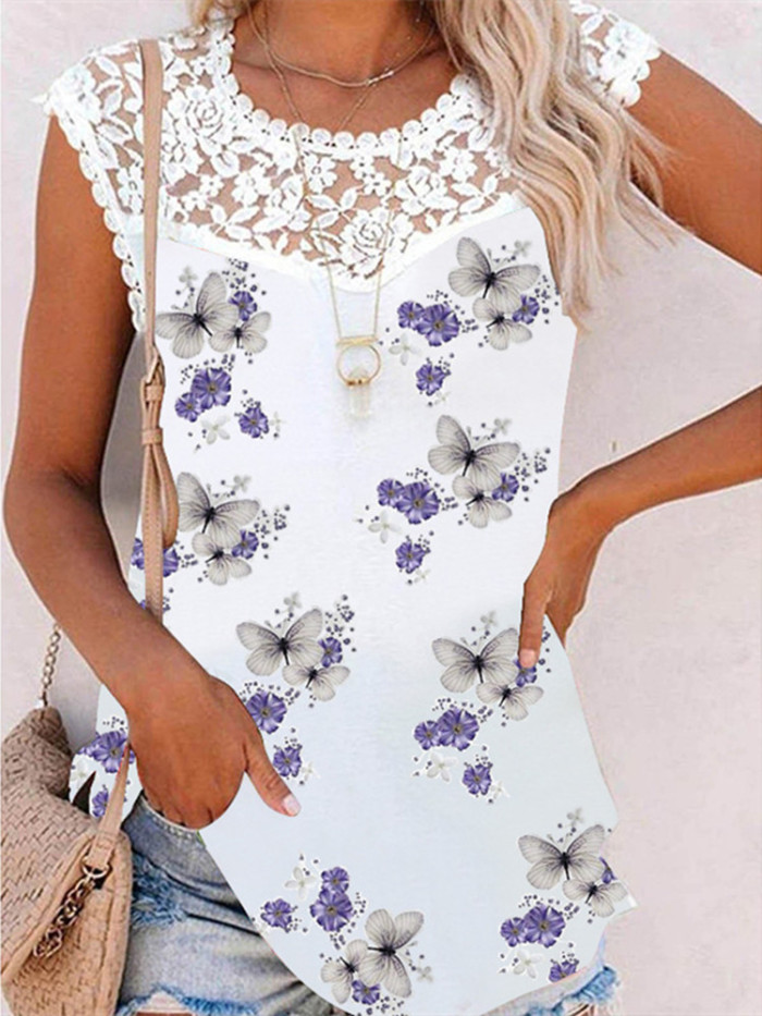 Elegant Lace Patchwork Floral Print Sleeveless Tank Top