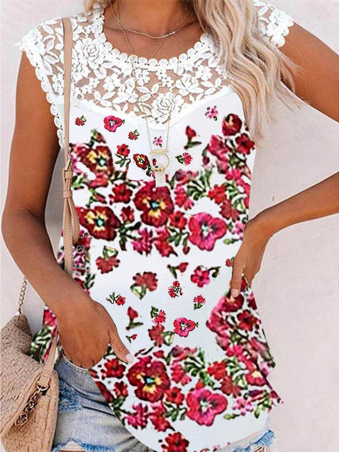 Elegant Lace Patchwork Floral Print Sleeveless Tank Top