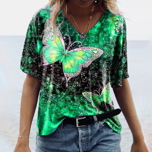 Oversized Women 3D Butterfly Print T Shirt Summer  Casual Half Sleeve V-Neck Loose Pullover