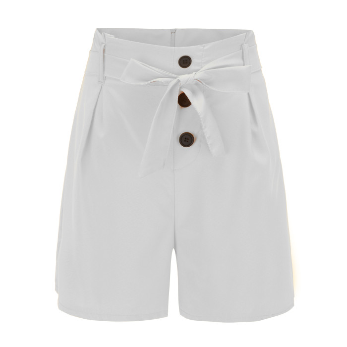 Women Shorts High Waist Buttons Sashes Elegant Zipper Lace-up Skinny Shorts