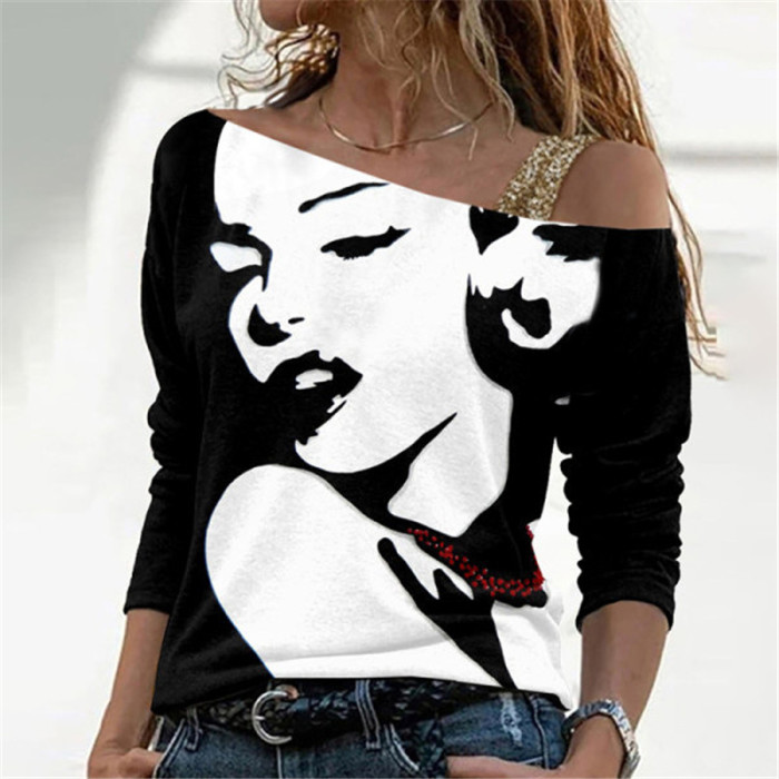 Autumn Trend One Shoulder Diagonal Collar Patchwork Hand Painted Face Print Women's T Shirt Streetwear Casual Long Sleeve Tops