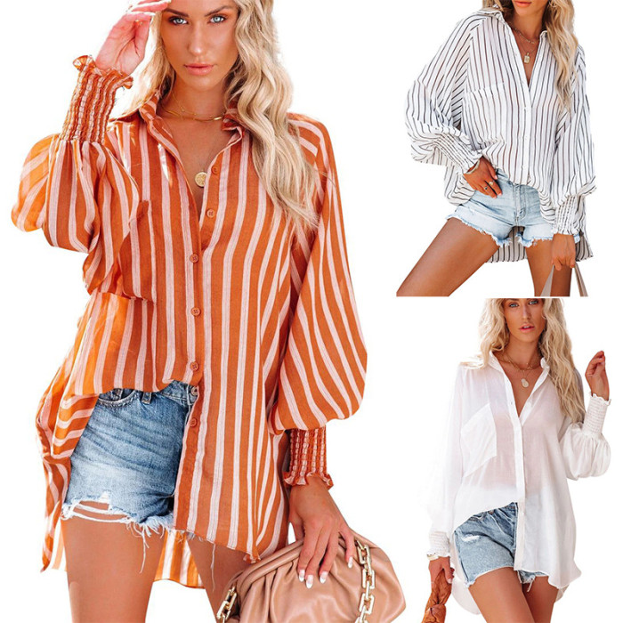 Summer Leisure Sunscreen Mid-length Striped Shirt