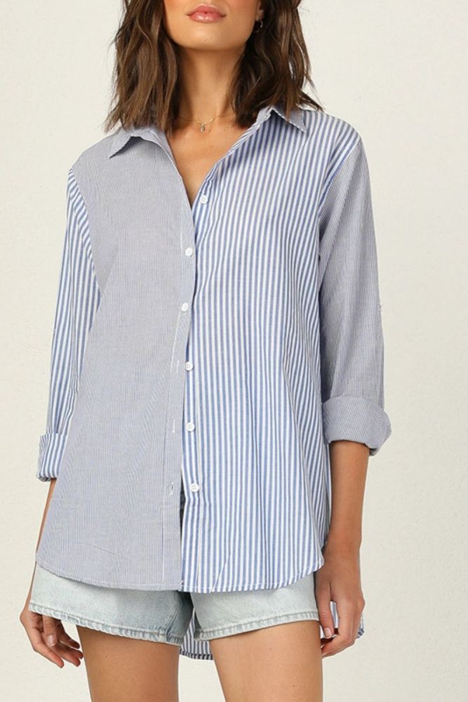Blue Stripe Patchwork Blouse Fashion Turn-down Collar Irregular Shirt