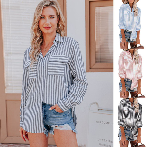 Fashion Contrast Color Striped Print Office Ladies Casual Shirts