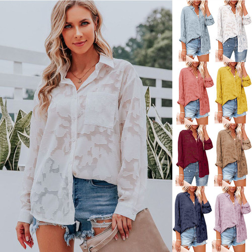 Summer New Chiffon Elegant Hollow Out Lace Button Long Sleeve Shirts