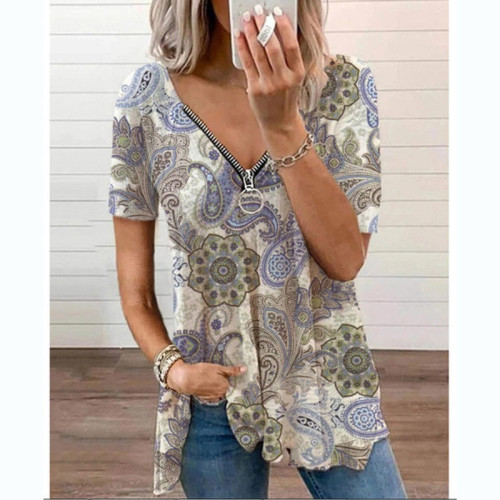 Summer New Style Hot Sale Fashion Trend Commuter Casual Top V-neck Zipper Pullover