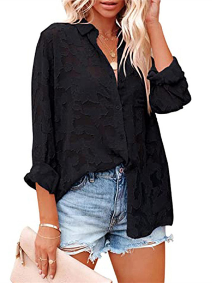 Summer New Chiffon Elegant Hollow Out Lace Button Long Sleeve Shirts