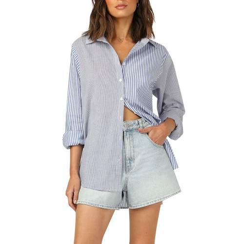 Blue Stripe Patchwork Blouse Fashion Turn-down Collar Irregular Shirt