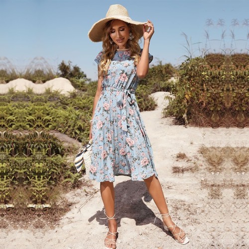 Women's Summer Elegant Midi Dress V-neck Floral Casual Dress