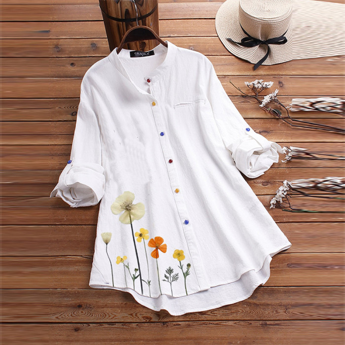 Women's Loose Cotton Linen Stand Collar Floral Printed Blouse Shirts