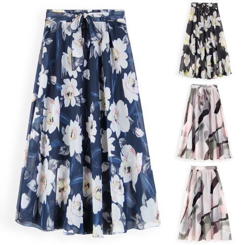 New Bohemian Long High Waist Skirt Summer Print Floral Chiffon Skirt