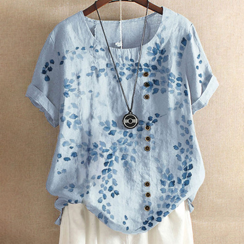 Summer Floral Embroidery Cotton Linen Casual Loose T-shirt