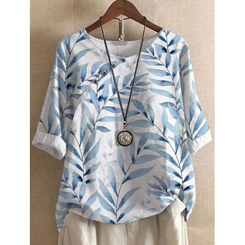 Summer Flower Printing Button Cotton And Linen Casual Loose T-shirts