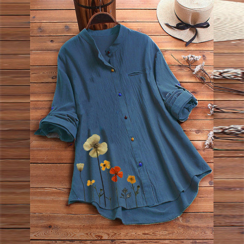Women's Loose Cotton Linen Stand Collar Floral Printed Blouse Shirts
