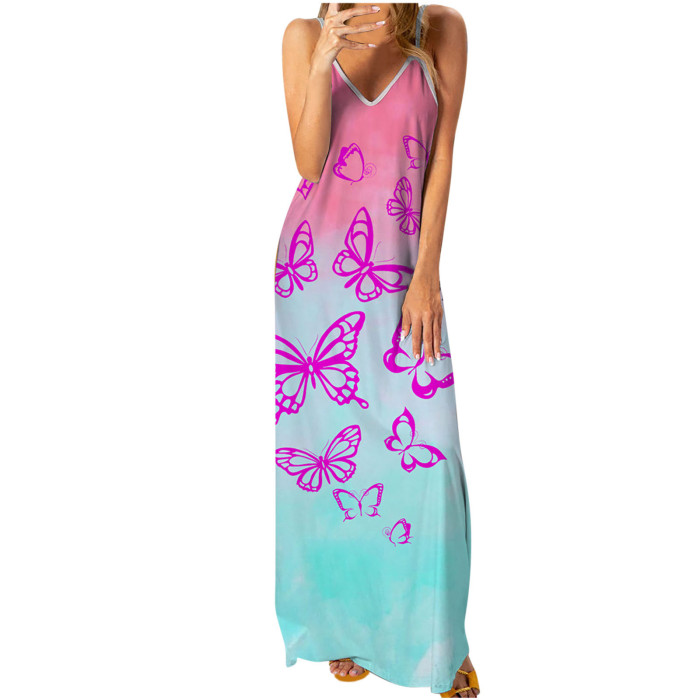 Women Strap Sleeveless Floral Print Long Causal Slim Beach Dress