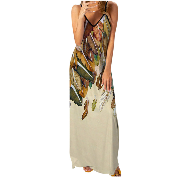 Women Strap Sleeveless Floral Print Long Causal Slim Beach Dress