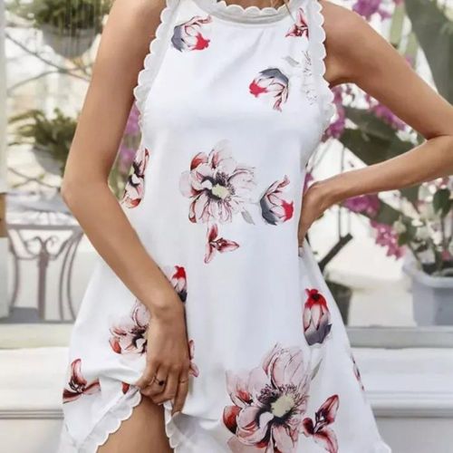 Women Summer Fashion Ruffles O Neck Casual Beach Sleeveless Dress