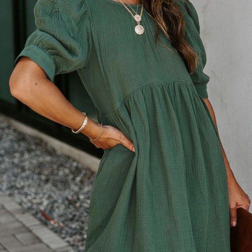 Vintage Summer Pocketed Puff Sleeve Empire Waist Swing Casual Dress
