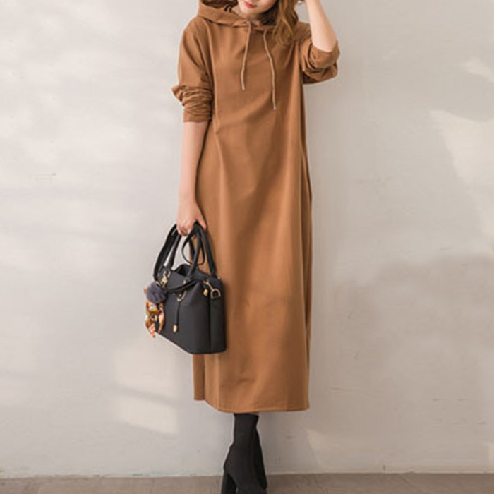 Minimalism Japanese Style Solid Color Long Sleeve Hooded Collar Pullover Fashion Chic Lady Dress For Spring