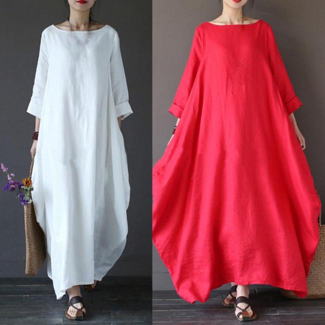 Vintage Dress Boho Shirt Plus Size Loose Round Neck Maxi Dress