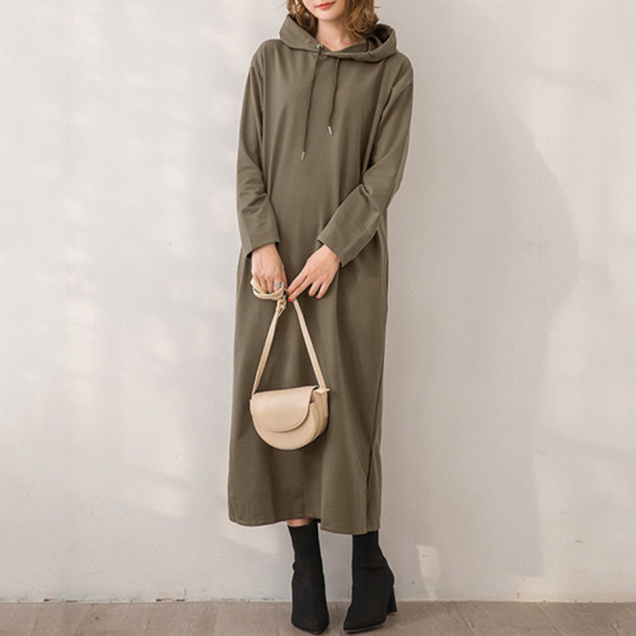 Minimalism Japanese Style Solid Color Long Sleeve Hooded Collar Pullover Fashion Chic Lady Dress For Spring