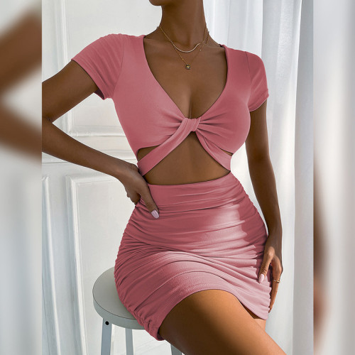 Fashion Hollow Out V-Neck Folds Sexy Bodycon Dress
