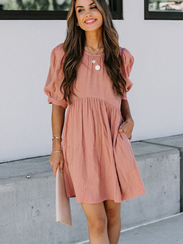 Vintage Summer Pocketed Puff Sleeve Empire Waist Swing Casual Dress