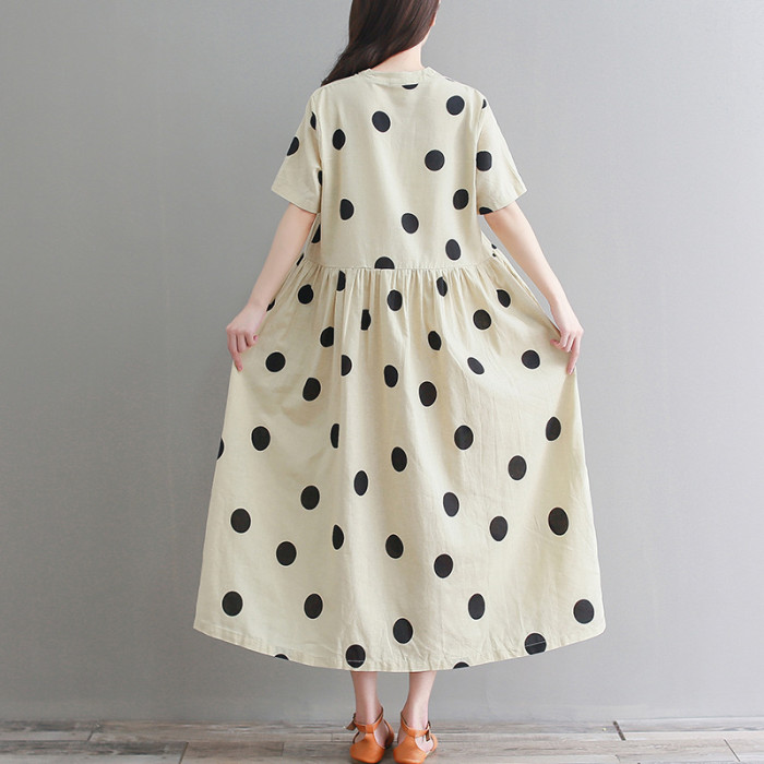 Women's Fashion Polka-dot Cotton And Linen Plus Size Dress