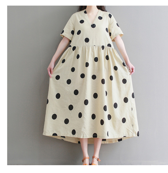 Women's Fashion Polka-dot Cotton And Linen Plus Size Dress
