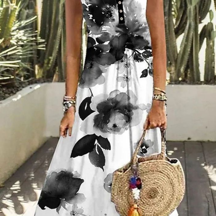 Summer Women's Vintage Inking Print Beach Maxi Dress