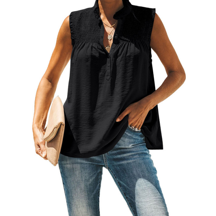Women New High-neck Button Lotus Leaf Collar Summer Top