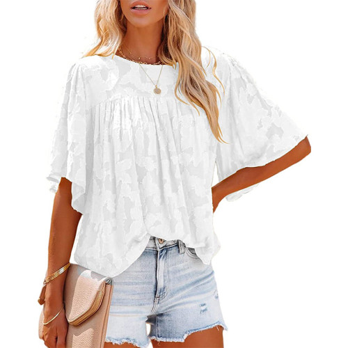 Women Chiffon Tops Flared Sleeves Round Neck Lace Floral T-shirts