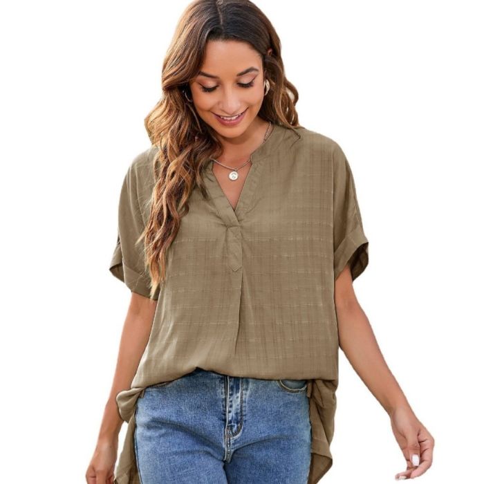 Women Short Sleeve Solid V-neck Casual Pullover Shirt