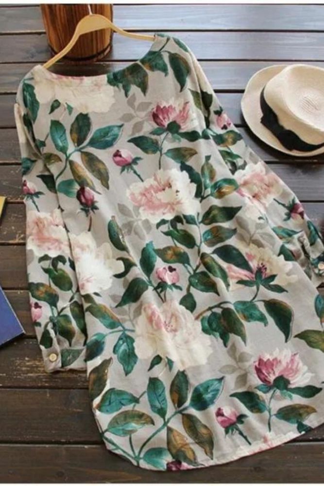 Women New Cotton Linen Print Maxi Dress