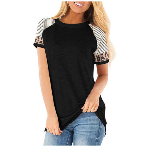 Women O-neck Striped Leopard Patchwork Casual T-shirts