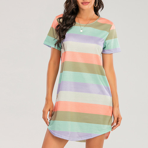 Sexy Pyjamas Night Dress for Women Short-Sleeved Rainbow Striped Nightgown Loose Dormir Tops Large Size Leisure Sleepwear S-5XL