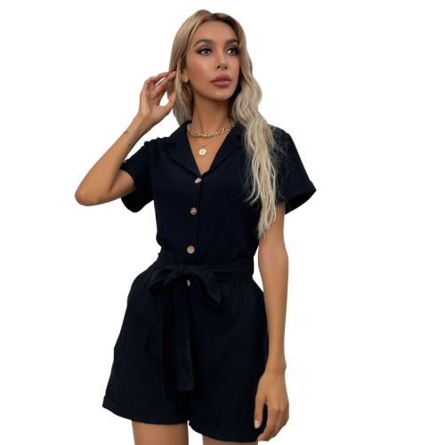 Summer Black Short Jumpsuit Women Casual One-piece Pants For Young Girl V-neck Short
