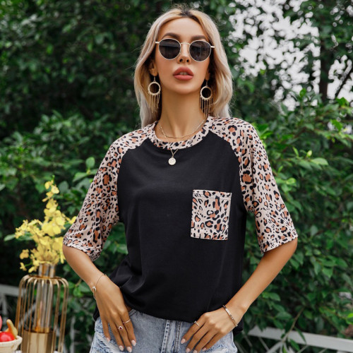 European And American New Leopard Print Stitching Round Neck Short-Sleeved T-shirt Women's Top