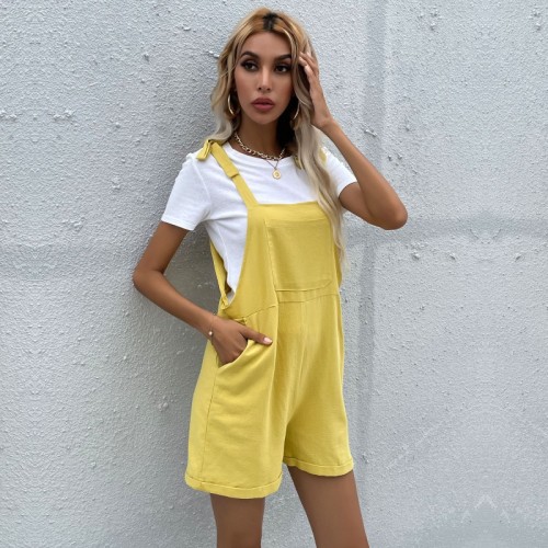 Women's Summer Shorts Loose Solid Color Casual Straps Cotton And Linen Overalls Women