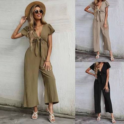 Female Fashion Summer Jumpsuits Short Sleeve V Neck Cotton And Linen Rompers Frenulum