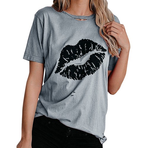 Summer Women's Short-Sleeved Hollow T-Shirt Casual Short Sleeve Round Neck Lips Printed Loose Bottoming Top