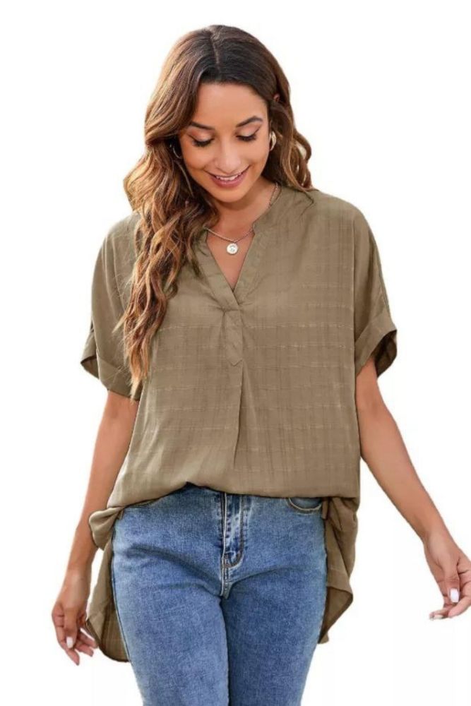 Women Short Sleeve Solid V-neck Casual Pullover Shirt