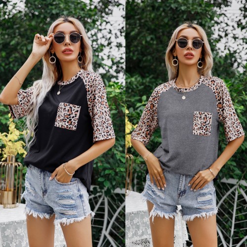 European And American New Leopard Print Stitching Round Neck Short-Sleeved T-shirt Women's Top